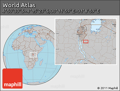 Gray Location Map of the Area around 4° 32' 58" S, 30° 40' 29" E