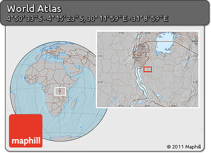 Gray Location Map of the Area around 4° 32' 58" S, 30° 40' 29" E, hill shading