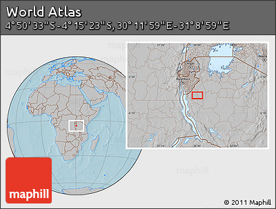 Gray Location Map of the Area around 4° 32' 58" S, 30° 40' 29" E, hill shading