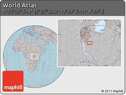 Gray Location Map of the Area around 4° 32' 58" S, 30° 40' 29" E, hill shading