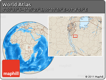 Shaded Relief Location Map of the Area around 4° 32' 58" S, 30° 40' 29" E