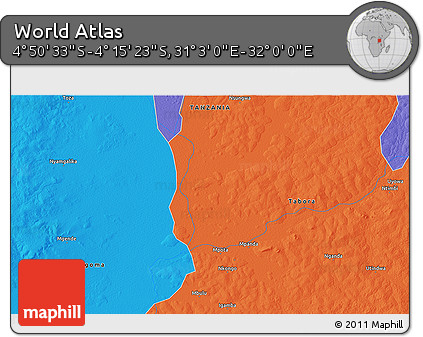 Political 3D Map of the Area around 4° 32' 58" S, 31° 31' 29" E