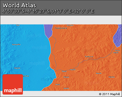 Political 3D Map of the Area around 4° 32' 58" S, 31° 31' 29" E