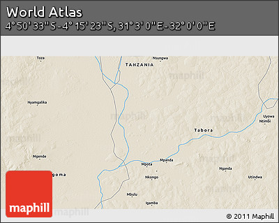 Shaded Relief 3D Map of the Area around 4° 32' 58" S, 31° 31' 29" E