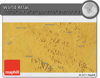 Physical 3D Map of the Area around 4° 32' 58" S, 32° 22' 30" E