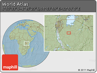 Savanna Style Location Map of the Area around 4° 32' 58" S, 32° 22' 30" E, hill shading