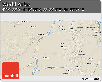 Shaded Relief 3D Map of the Area around 4° 32' 58" S, 34° 4' 30" E