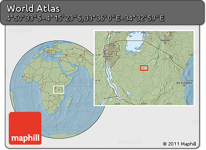 Savanna Style Location Map of the Area around 4° 32' 58" S, 34° 4' 30" E, hill shading