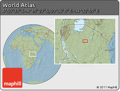 Savanna Style Location Map of the Area around 4° 32' 58" S, 34° 4' 30" E, hill shading