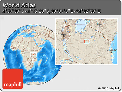 Shaded Relief Location Map of the Area around 4° 32' 58" S, 34° 4' 30" E