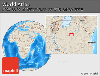 Shaded Relief Location Map of the Area around 4° 32' 58" S, 34° 4' 30" E