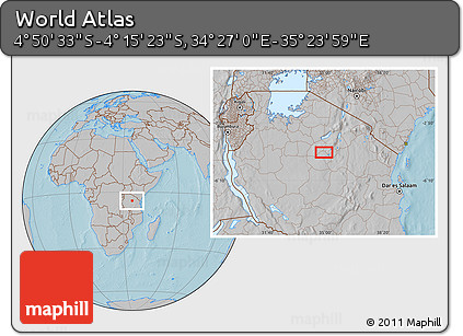 Gray Location Map of the Area around 4° 32' 58" S, 34° 55' 29" E, hill shading