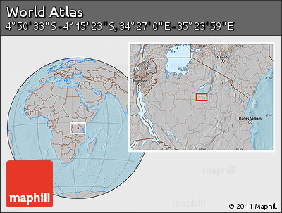 Gray Location Map of the Area around 4° 32' 58" S, 34° 55' 29" E, hill shading