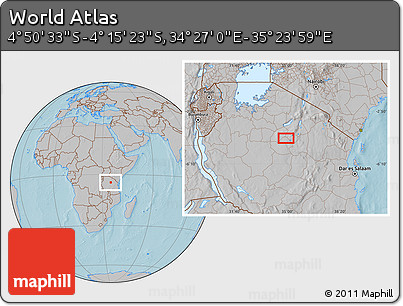 Gray Location Map of the Area around 4° 32' 58" S, 34° 55' 29" E, hill shading