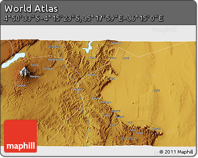 Physical 3D Map of the Area around 4° 32' 58" S, 35° 46' 29" E