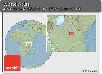 Savanna Style Location Map of the Area around 4° 32' 58" S, 35° 46' 29" E, hill shading