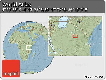Savanna Style Location Map of the Area around 4° 32' 58" S, 35° 46' 29" E, hill shading
