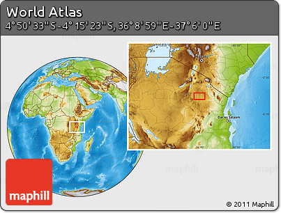 Physical Location Map of the Area around 4° 32' 58" S, 36° 37' 30" E