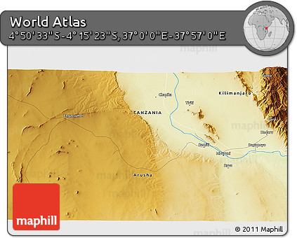 Physical 3D Map of the Area around 4° 32' 58" S, 37° 28' 30" E