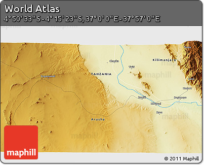 Physical 3D Map of the Area around 4° 32' 58" S, 37° 28' 30" E