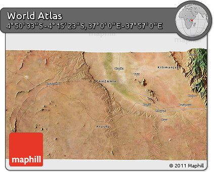 Satellite 3D Map of the Area around 4° 32' 58" S, 37° 28' 30" E
