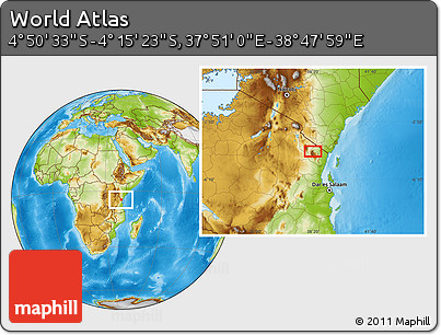 Physical Location Map of the Area around 4° 32' 58" S, 38° 19' 30" E