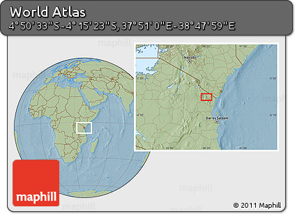 Savanna Style Location Map of the Area around 4° 32' 58" S, 38° 19' 30" E, hill shading