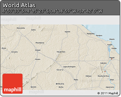 Shaded Relief 3D Map of the Area around 4° 32' 58" S, 38° 10' 29" W