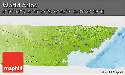 Physical Panoramic Map of the Area around 4° 32' 58" S, 39° 10' 29" E