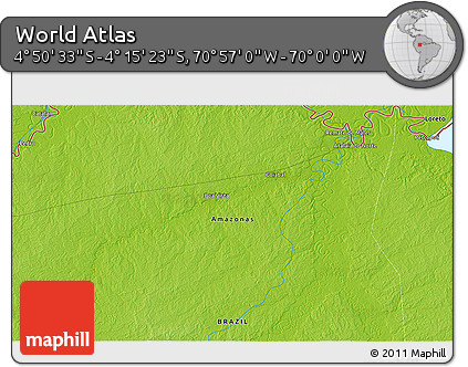 Physical 3D Map of the Area around 4° 32' 58" S, 70° 28' 29" W
