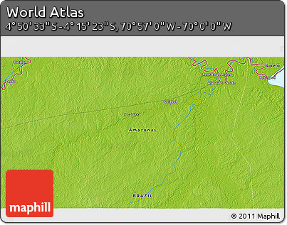 Physical 3D Map of the Area around 4° 32' 58" S, 70° 28' 29" W
