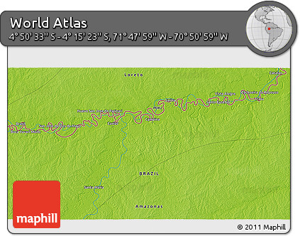 Physical 3D Map of the Area around 4° 32' 58" S, 71° 19' 29" W