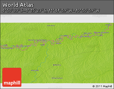 Physical 3D Map of the Area around 4° 32' 58" S, 71° 19' 29" W