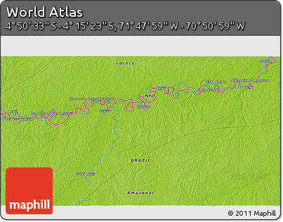 Physical 3D Map of the Area around 4° 32' 58" S, 71° 19' 29" W