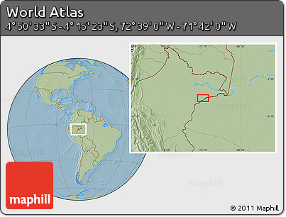 Savanna Style Location Map of the Area around 4° 32' 58" S, 72° 10' 30" W, hill shading
