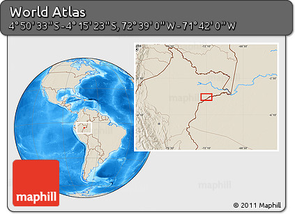 Shaded Relief Location Map of the Area around 4° 32' 58" S, 72° 10' 30" W