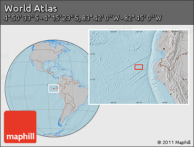 Gray Location Map of the Area around 4° 32' 58" S, 83° 13' 29" W, hill shading