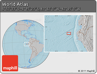 Gray Location Map of the Area around 4° 32' 58" S, 83° 13' 29" W, hill shading