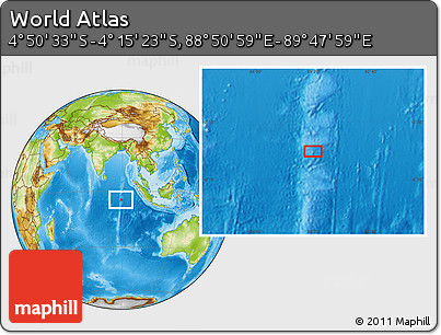 Physical Location Map of the Area around 4° 32' 58" S, 89° 19' 29" E