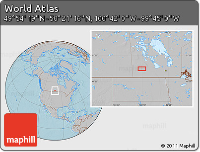 Gray Location Map of the Area around 50° 7' 47" N, 100° 13' 29" W, hill shading