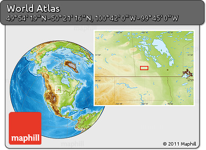 Physical Location Map of the Area around 50° 7' 47" N, 100° 13' 29" W
