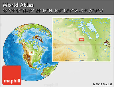 Physical Location Map of the Area around 50° 7' 47" N, 100° 13' 29" W