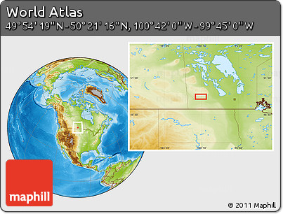 Physical Location Map of the Area around 50° 7' 47" N, 100° 13' 29" W