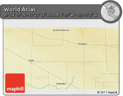 Physical 3D Map of the Area around 50° 7' 47" N, 103° 37' 30" W