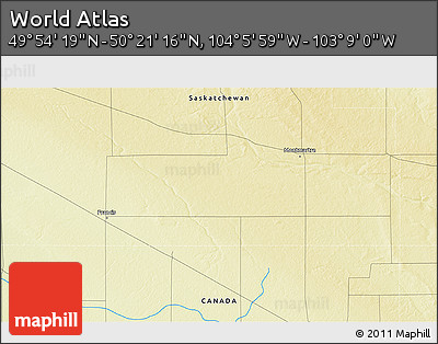 Physical 3D Map of the Area around 50° 7' 47" N, 103° 37' 30" W