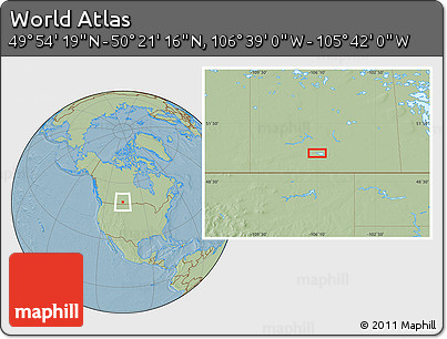 Savanna Style Location Map of the Area around 50° 7' 47" N, 106° 10' 30" W, hill shading