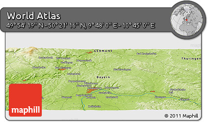 Physical Panoramic Map of the Area around 50° 7' 47" N, 10° 16' 30" E