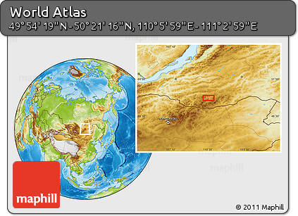 Physical Location Map of the Area around 50° 7' 47" N, 110° 34' 29" E