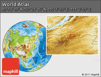 Physical Location Map of the Area around 50° 7' 47" N, 110° 34' 29" E