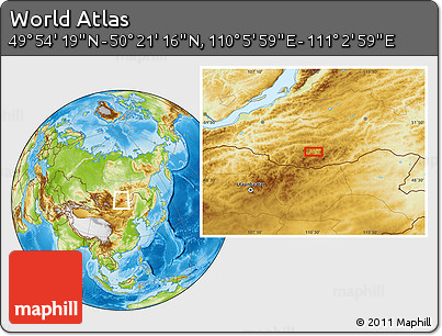 Physical Location Map of the Area around 50° 7' 47" N, 110° 34' 29" E